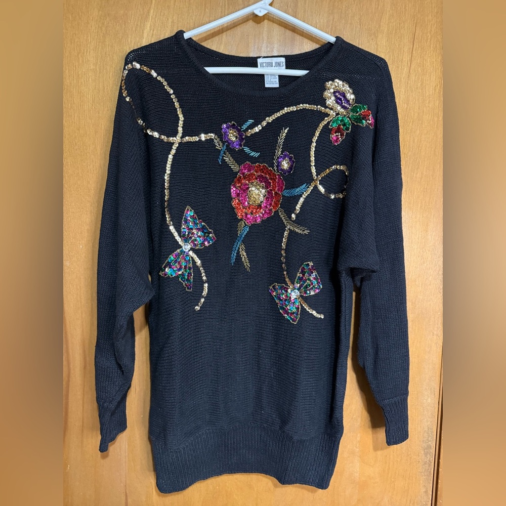 Vintage Victoria Jones Sequin Sweater |‎ 80s 90s Holiday Party Whimsy- medium